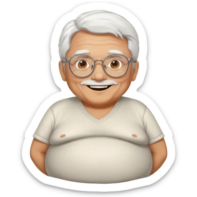 old man with lots of white hair wearing thick glasses with go-tee with a big belly smiling sticker