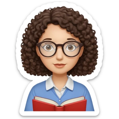 female English teacher with glasses and wearing a shirt, holding an English book. I have dark brown a little curly hair. My glasses are rather round than square shape. sticker