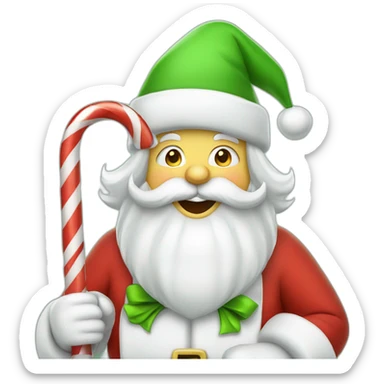 cheerful Santa Claus with a green hat and with candy cane, and presents  sticker