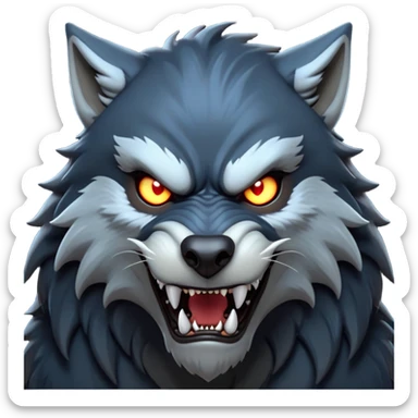 cinematic-noble-fierce-werewolf-head-close-up-emoji, poised-and-imposing, with a fierce wolfish face featuring glowing eyes full of primal ferocity, sharp, elongated fangs and a rugged snout, fur rippling in shades of midnight black and silver, muscles tensed and hunched over in an intense, threatening stance; rendered with realism, capturing the raw, untamed power of the beast beneath the moonlit sky sticker