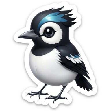 Cinematic Cute Magpie Portrait Emoji, Head tilted playfully and inquisitively, featuring a compact, elegant form with glossy, contrasting black and white feathers and round, sparkling eyes full of playful charm, Simplified yet irresistibly adorable features, highly detailed, glowing with a warm, inviting glow, high shine, affectionate and lively, stylized with a touch of whimsical urban flair, soft glowing outline, capturing the essence of a mischievous yet endearing magpie that seems as if it could flit out of the screen into your arms! sticker