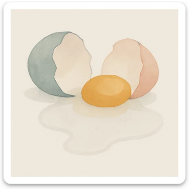 a cracked egg with yolk spilling out, watercolor style sticker