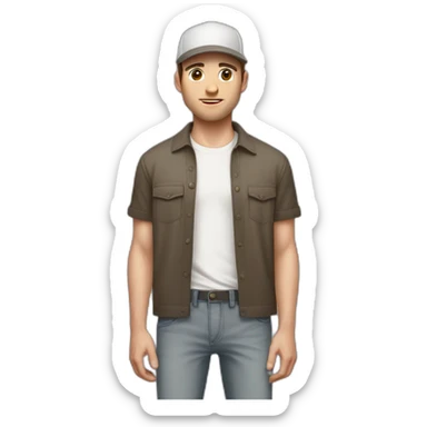 Pale skinned fit Man with dark brown hair in a light gray cap, dark brown jeans, brown polo and white T-shirt keeping a pasted with tape white box into his hands sticker