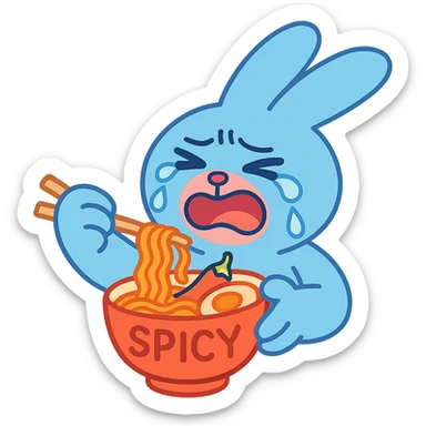 blue bunny crying while eating spicy ramen, pastel-toon style sticker