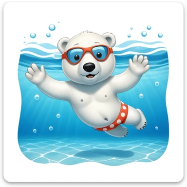 friendly anthropomorphised polar bear swimming in a wide pool scene, wearing polka dot swim trunks and snorkel gear sticker