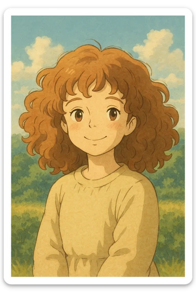 curly hair girl, ghibli style, soft colors, gentle smile sticker