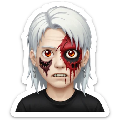ok make a zombie avatar that has pale skin, young, asian, mullet hair, white hair with earrings wearing just a black T shirt white blood from the eyes sticker