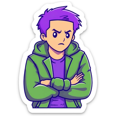 Fashionable man with purple hair and green jacket, bold expression, powerful pose inspired by Thanos sticker