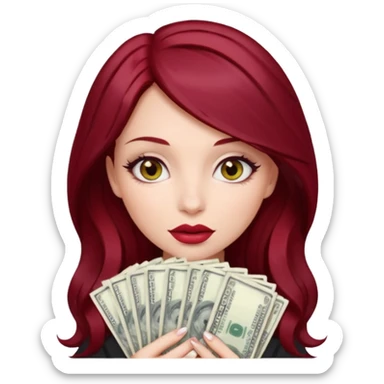 Create a girl with dark cherry red hair with grey eyes and big lips holding a stack of money  sticker
