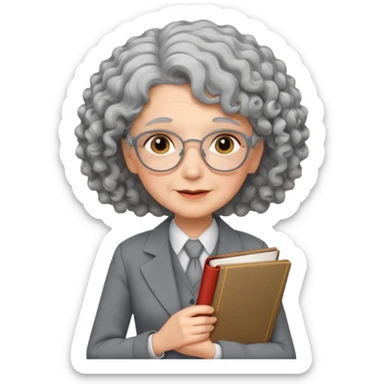 elderly female, curly hair, holding book, wearing gray suit sticker