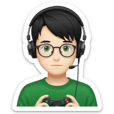 
gamer, Gorgeous green sweater black hair anime style shojo guy glasses, headphone, gamepad sticker