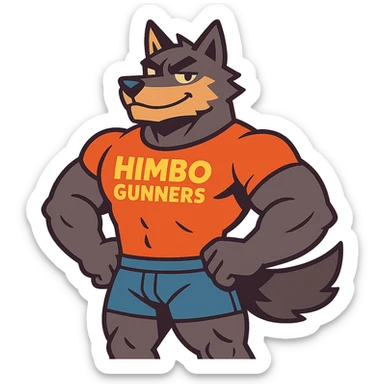 muscular wolf furry, standing confidently, wearing a t-shirt with 'Himbo gunners' sticker