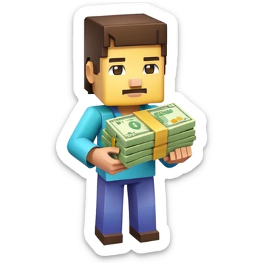 emoji style icon, minecraft blocky character holding a stack of money, pixel art style, bright colors, simple background, 3D glossy emoji, centered composition, soft shadow, high detail, clean outline, white background sticker