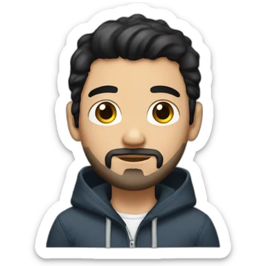 white gay man with black hair and short beard, with short jeans and a hoddie sticker