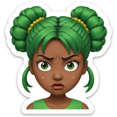 Create a 3D cartoon-style girl character with dark skin, round face, angry expression, big wide eyes, and tightly styled double buns made of green beaded hair. The girl should look irritated, eyebrows sharply angled, and lips pressed in a frown. sticker