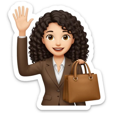 medium deep tan brown business woman with long black curly hair, waving hand with happy face with smile mouth and carrying bag on her shoulder sticker