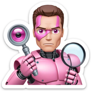 schwarzenegger-looking half robotic half human pink terminator holding magnifying glass, upper body sticker