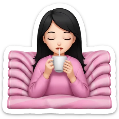 black haired girl inside a pink blanket sipping coffee with eyes closed and lashes sticker