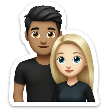 dark Blonde girl with blue eyes in black sweater and an east asian with light skin man with black hair and black eyes hugging sticker