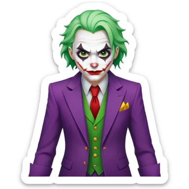 The Joker villain character full body with green hair, purple suit, white face, red lips sticker