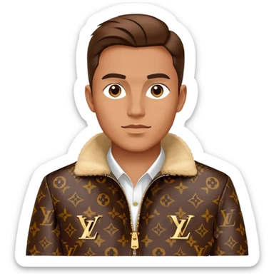 stylish man wearing Louis Vuitton jacket with LV monogram pattern sticker