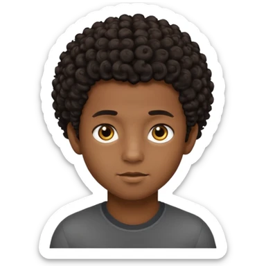This avatar of black boy has tightly curly dark hair styled upward, a rounded face with golden-brown eyes, and a neutral expression sticker