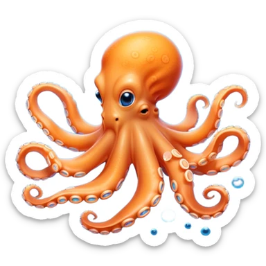 Beautiful and Majestic smiling Octopus Portrait Emoji, Head and body resting in serene repose with a gentle, content smile, showcasing a soft, light orange form adorned with elegant blue rings and delicately arranged arms, Simplified yet exquisitely endearing features, highly detailed, glowing with a soft, drowsy underwater light, high shine, relaxed and utterly enchanting, stylized with an air of majestic aquatic beauty, soft glowing outline, capturing the essence of a beautiful and majestic octopus that embodies the enchanting spirit of the deep! sticker