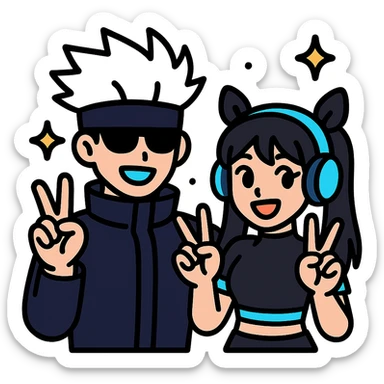 Gojo Satoru and his female protégé, both making peace signs, playful and energetic, Gojo with black shades and icy-blue eyes, protégé with long black hair, twin bows, cropped black top with cyan accents, blue headphones, sparkly background sticker