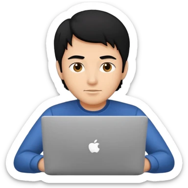 a fair man with black hair working on laptop , front view sticker