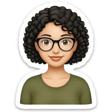 Latina in her early 30s with light tan complexion. Round face with prominent cheeks. Smiling with visible dimples. Dark eyes with black-framed glasses. Short defined curly black hair. Wearing a casual olive green top. sticker
