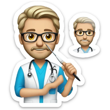 male dark blond haired doctor with grey van dyke beard with hazel eyes and small wire-rimmed glasses in blue scrubs holding a large paintbrush and jigsaw sticker