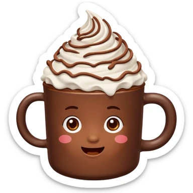 “hot chocolate emoji, whipped cream on top, chocolate shavings, cute, minimal, white background” sticker