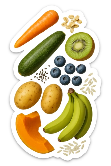 carota, fiocchi di avena, zucchine, kiwi, mirtilli, semi di chia, patate, banane acerbe, zucca, riso fluttuano in aria verticalmente, iperrealistici 4k sticker