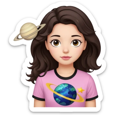 I want to design a girl with wavy hair that is dark brown, close to black And you wear a T-shirt Its color above the neck and sleeves is black The bottom is white, with a star and the planet Saturn on it Her eyes are also dark brown, and her cheeks are pink sticker