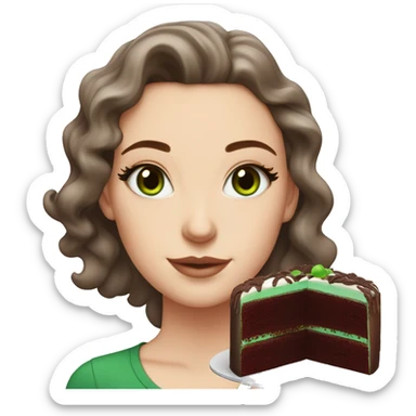 a white girl with dark red burgundy wavy hair and black eyeliner and green eyeseating a huge piece of chocolate cake  sticker