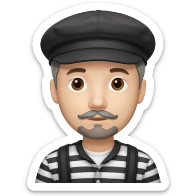 White Man with a dark grey goatee and a black newsboy cap. He is wearing a black and white striped shirt. He has dark black shadow  sticker