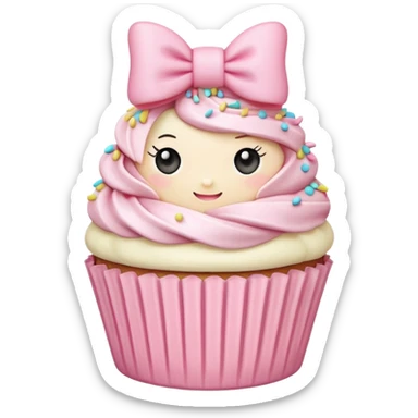 Pink bow wrapped around a cupcake, pastel, chibi style sticker