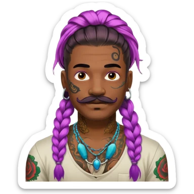 big lose braids starting from the top of the head man with mustache face wiith big visible braids and lots and lots of face tattoos colored tattoos like a tattoo artist hair unique color sticker