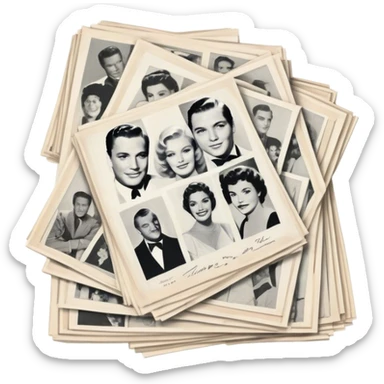 Icon for Autograph Collecting: several vintage framed with signatures of famous celebrities sheets stacked one on top of the other, each . The icon should evoke the charm and history of collecting autographs. Transparent background. sticker