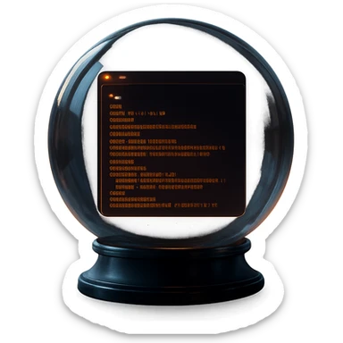 crystal ball with a dark terminal and glowing orange text inside, hacker style, glowing and futuristic, digital and secretive atmosphere sticker