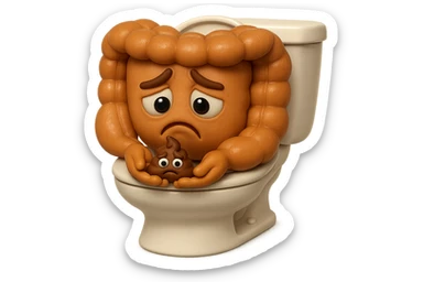 emoji stile iphone di un intestino realistico 3d che esce dal wc con in mano una montagnetta di feci con espressione triste a palline, iperrealistico 4k sticker