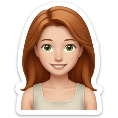 emoji of a woman named Freya McOmish, smiling, hazel green eyes, long light brown hair, subtle freckles, modern casual style, broad shoulders, wearing a white sleeveless square neck top sticker