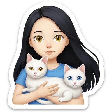 A girl with long black hair, fair-yellow skin, and brown eyes, wearing a white T-shirt, holding a white cat. The cat’s left eye is blue and its right eye is yellow. sticker