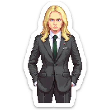 Russian politician with serious face, blonde hair, in dark suit sticker