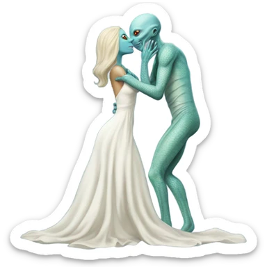 Alien reptilian woman in white dress hugs and kissing a normal "white male human man" in blue dress sticker