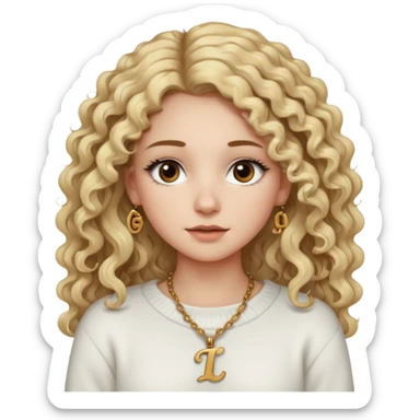a dirty blonde girl with brown eyes and make her wearing a white sweater and a smallnecklace with I intial with really long curly hair and white skin color, long hair and really big lashes sticker