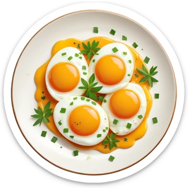 Cinematic sunny-side-up eggs, perfectly cooked with glossy yolks, crispy golden edges, sprinkled with fresh herbs, served on a rustic plate, bright and inviting, highly detailed and appetizing. sticker