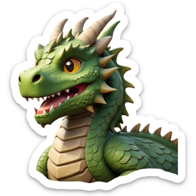 Cinematic Cute Giant Rock Dragon Portrait Emoji, Head tilted playfully and inquisitively, showcasing a robust, stone-carved body with intricately detailed, craggy textures in natural earthen tones accented by soft hints of moss, and a surprisingly gentle, endearing expression; rendered with lifelike clarity and warm, natural light, high shine, mighty yet endearing, styled with a touch of ancient, stony whimsy, soft glowing outline, capturing the essence of a mischievous stone guardian poised to rumble playfully into your embrace! sticker