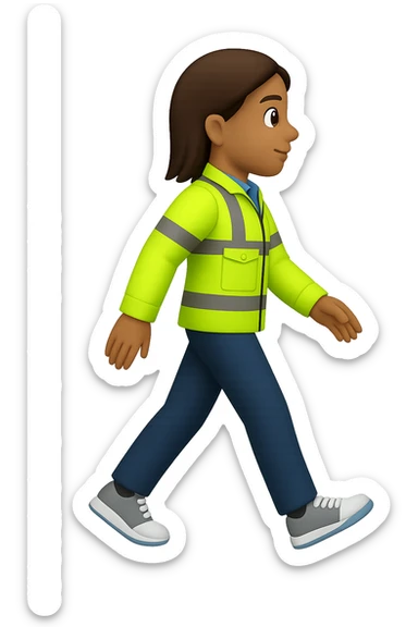 Edit the image to depict a full-body person walking, wearing a high-visibility vest, no hard hat, wearing trainers, in the style of apple emojis, with no background (transparent). sticker