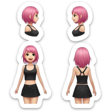 Full body Front view curvy emo girl pink hair sits on the floor straight view hands up black skirt белые трусики полосатые рваные чулки sticker